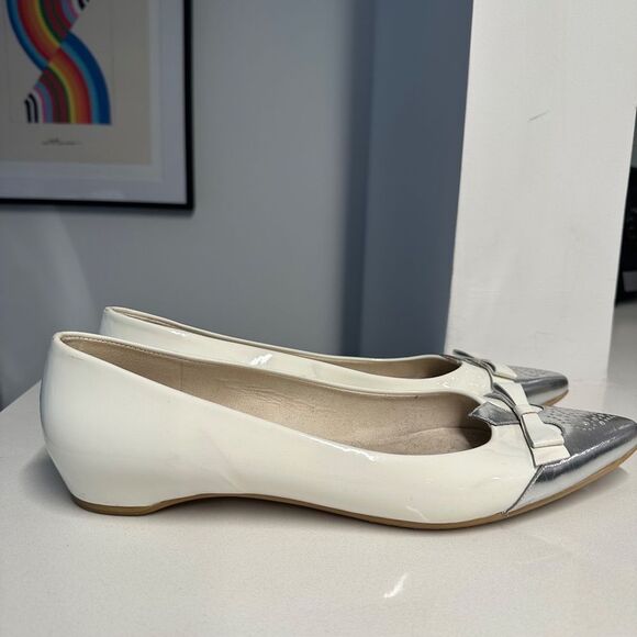 Stuart Weitzman Whiskerlo Pointed Toe Flats in White Patent Leather with Silver - Picture 3 of 11